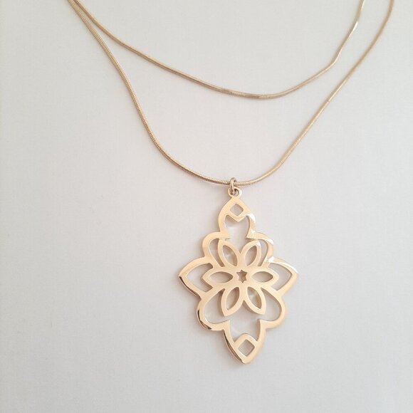 Chaps Long Gold Tone Pendant Necklace with Intricate Floral Geometric Design - Picture 2 of 4
